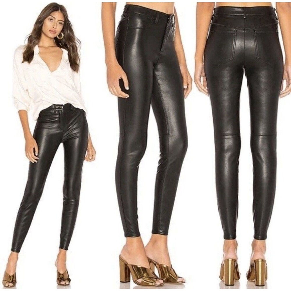Free People Womens SZ 24 Black Faux Leather Skinny Vegan Long Pants Sexy